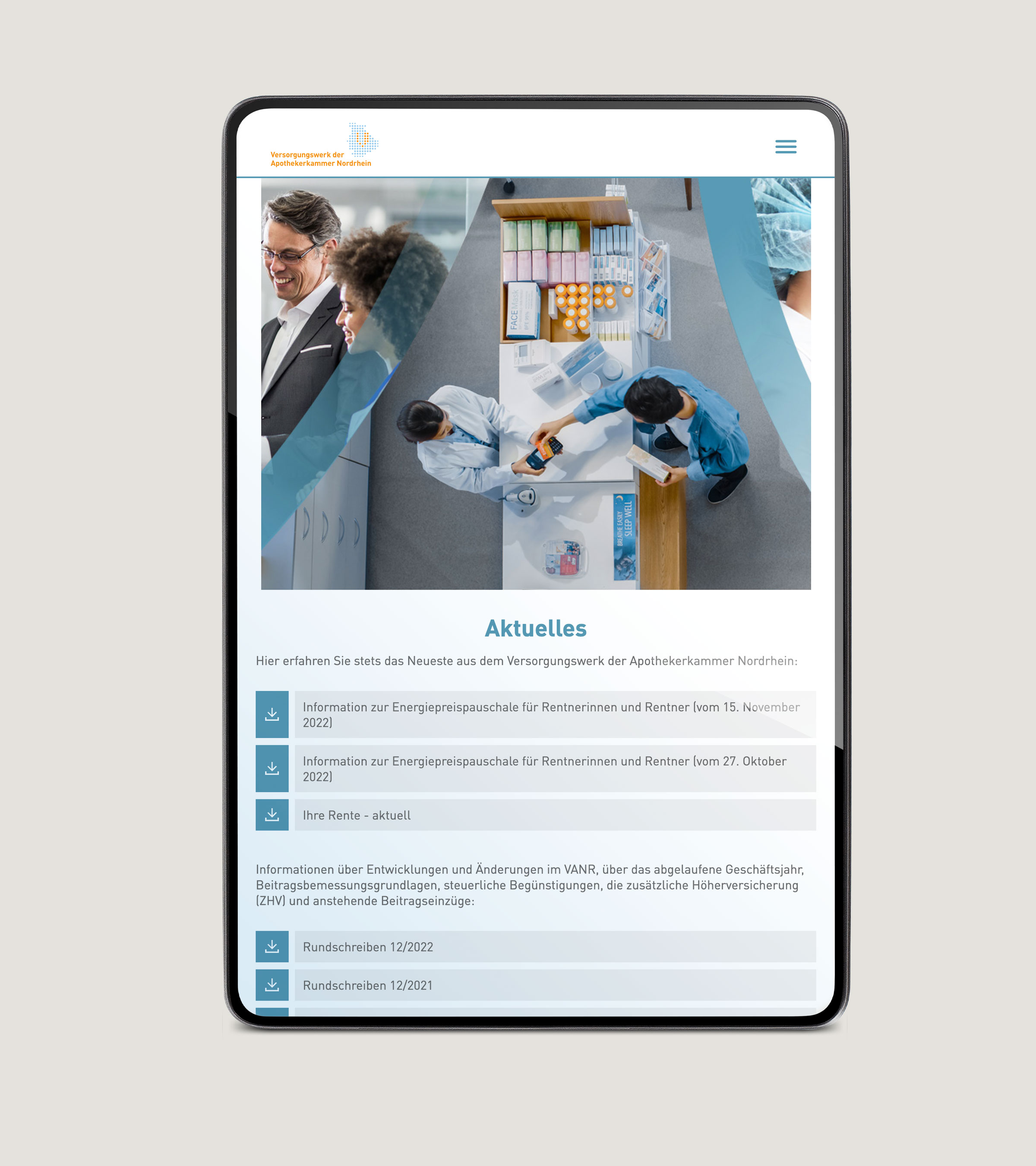 Impressionen Website VANR, Tablet-Ansicht